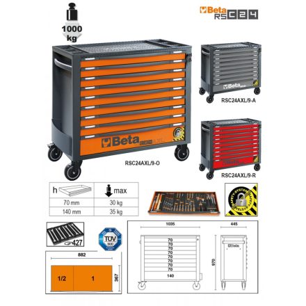 BETA RSC24AXL/9 | RSC24AXL/9-O-9 FIÓKOS SZERSZÁMKOCSI BORULÁSGÁTLÓ RENDSZERREL, HOSSZÚ MODELL